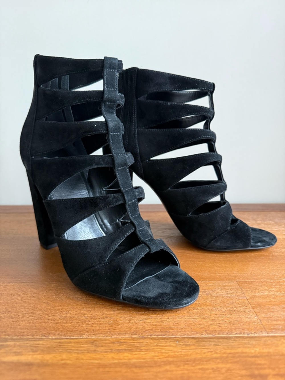 Marc Fisher LTD Black Suede Cage Heeled Sandals with Tassel Zip Size 8.5 New
